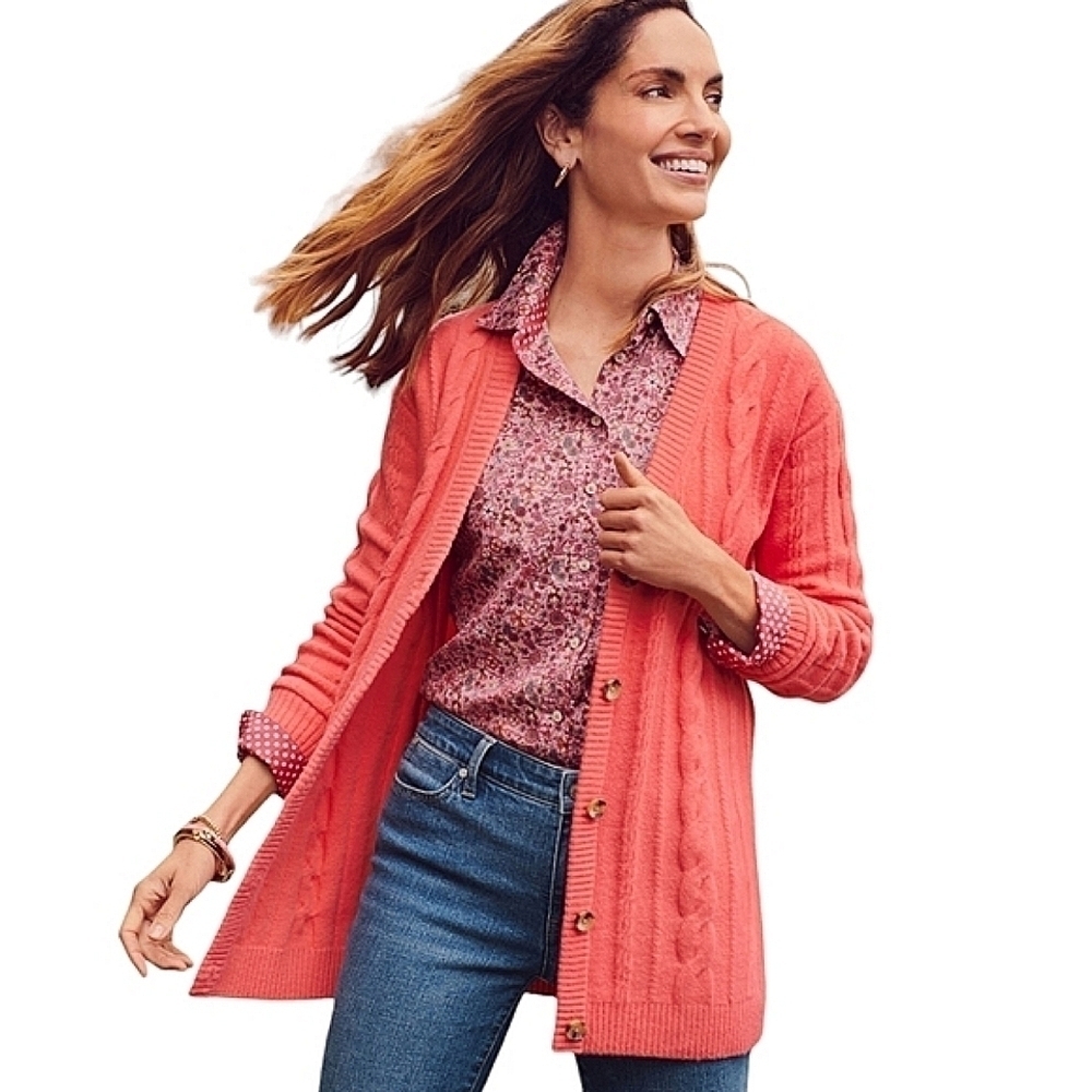 Talbots Coral V-Neck Cable Cardigan